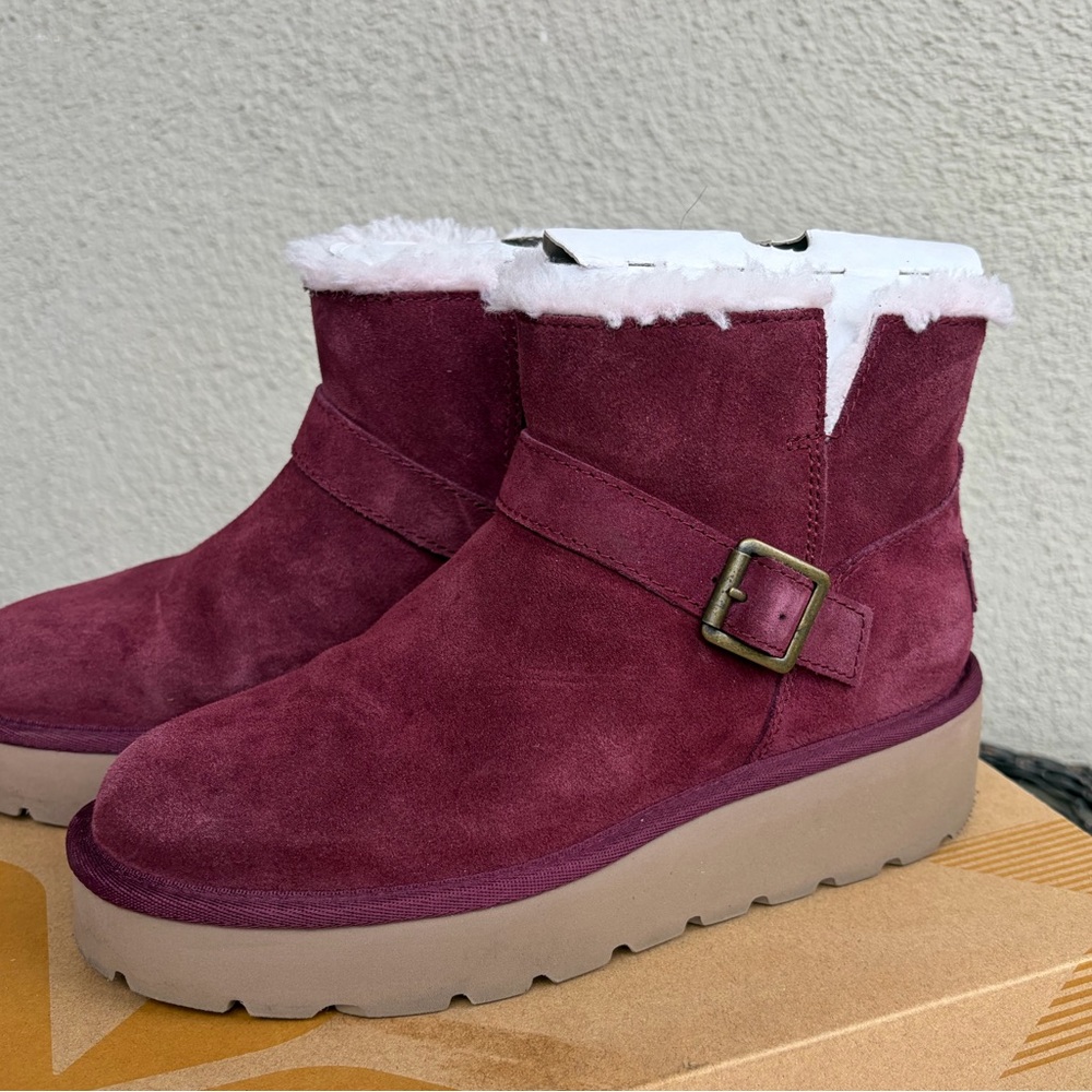 Plush Burgundy Suede Ankle Boots with Buckle